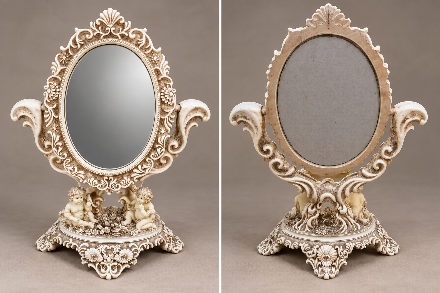 Presentation image showing front and back of vintage ornate Rococo-style oval tabletop vanity mirror with cherubs